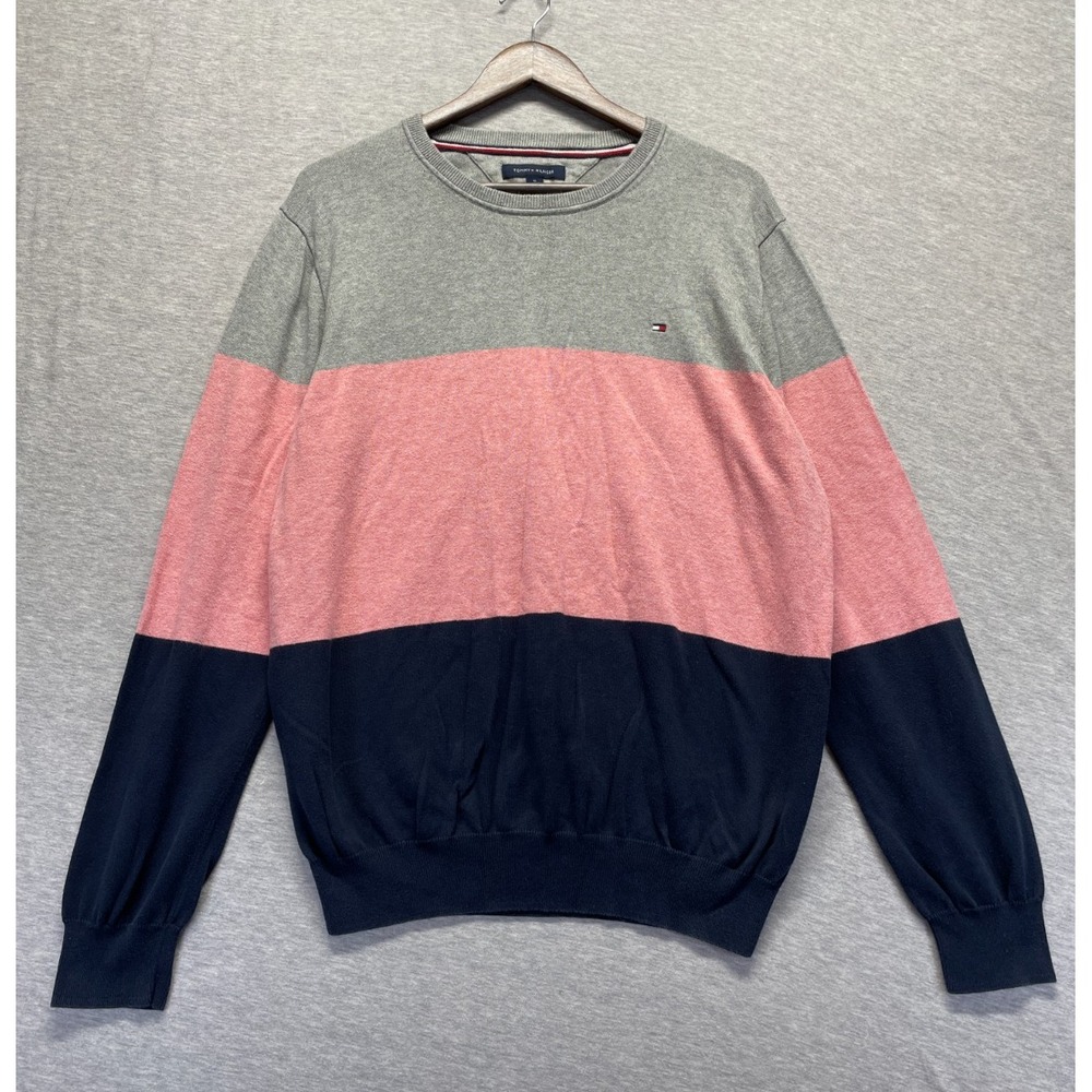 Tommy Hilfiger Sweater Mens XL Multicolor Colorblock Premium Cotton Logo Winter